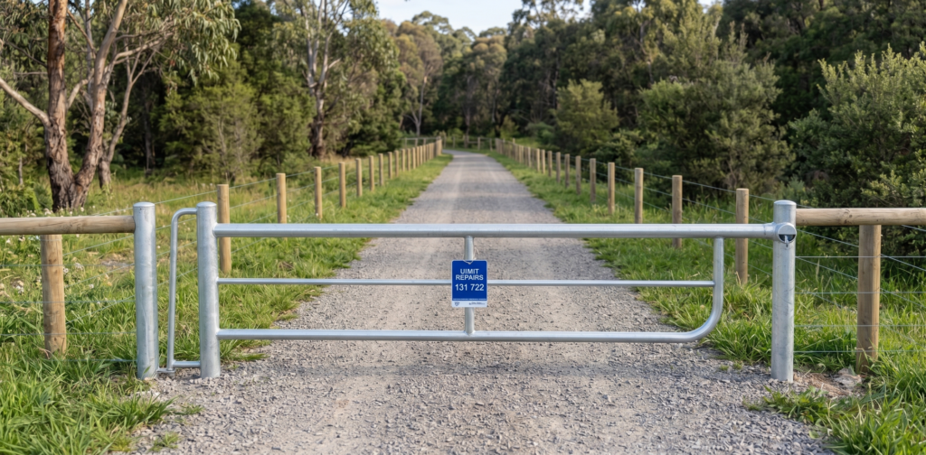 Heavy duty access gate Melbourne Water specification installation