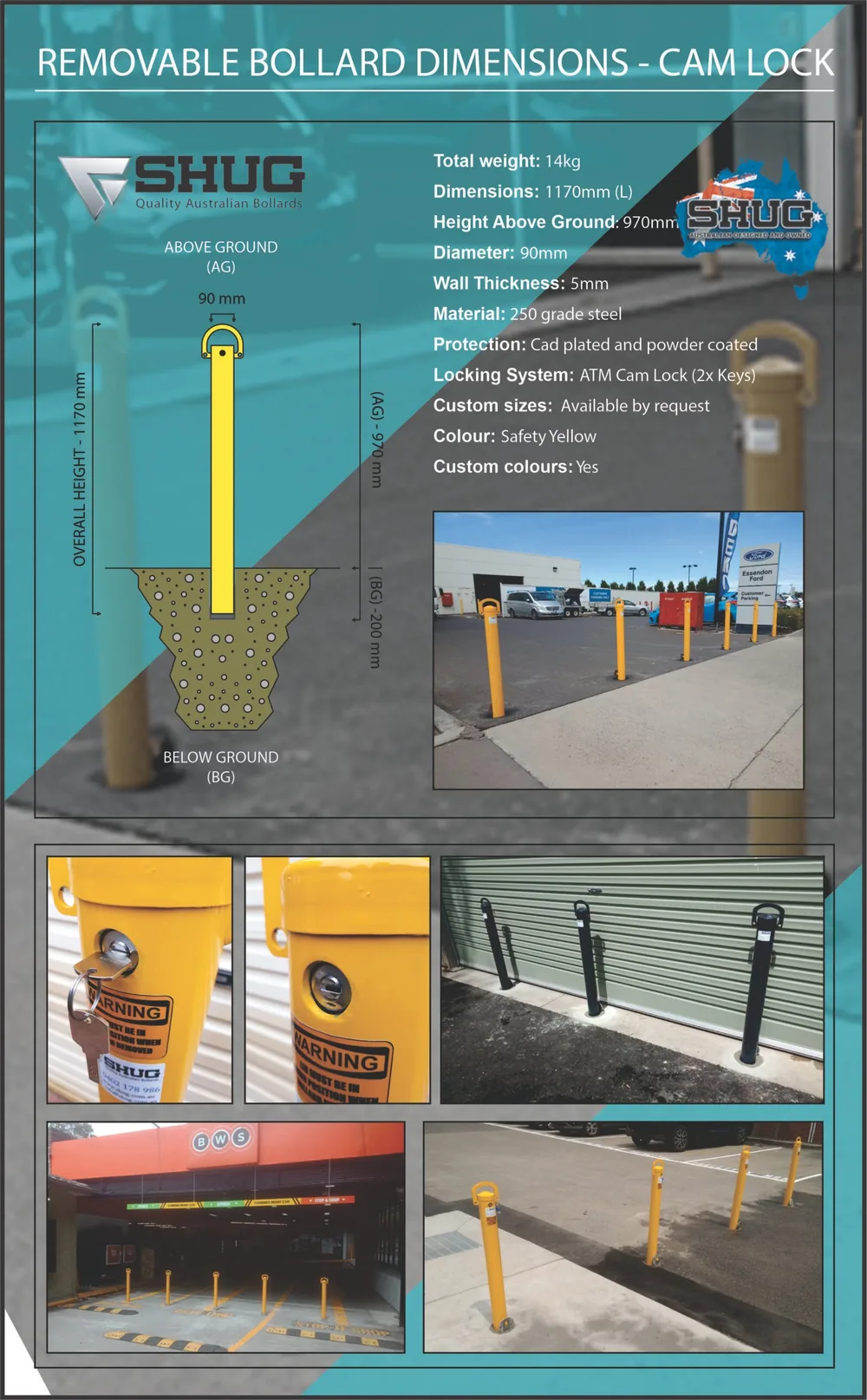 Shug removable bollard spec sheet: cam lock, 90 mm diameter, 970 mm above ground
